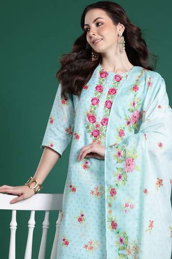 Sea green embroidered linen kurta trouser dupatta set