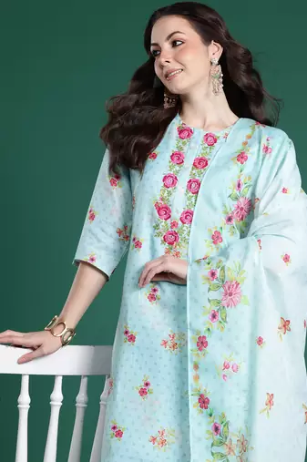 Sea green embroidered linen kurta trouser dupatta set
