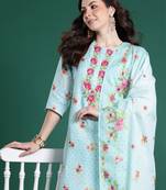 Sea green embroidered linen kurta trouser dupatta set
