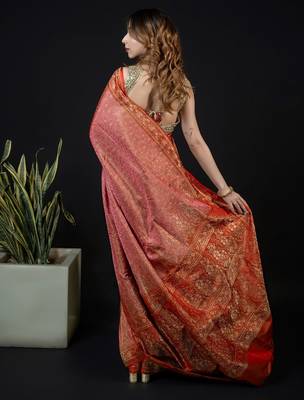 Pink satin woven saree with blouse 3