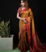 Mustard satin woven saree with blouse