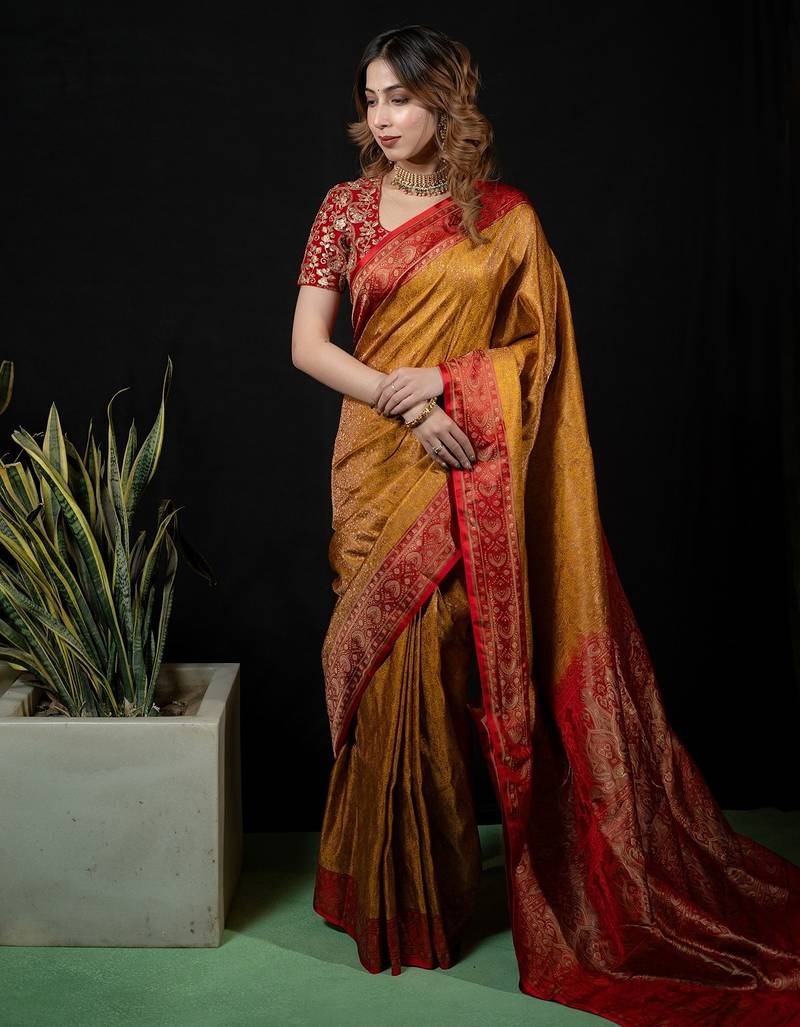Mustard satin woven saree with blouse