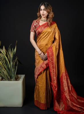 Mustard satin woven saree with blouse 2
