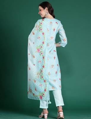 Sea green embroidered linen kurta trouser dupatta set 2