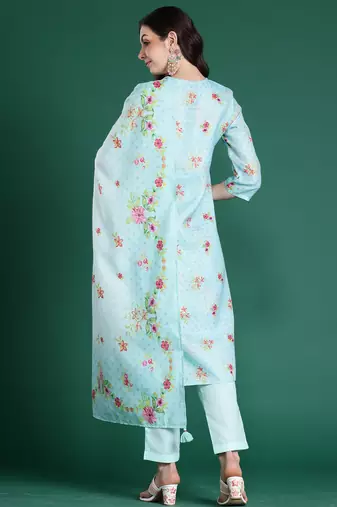 Sea green embroidered linen kurta trouser dupatta set