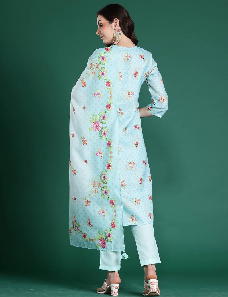 Sea green embroidered linen kurta trouser dupatta set