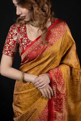 Mustard satin woven saree with blouse 3