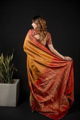 Mustard satin woven saree with blouse 4