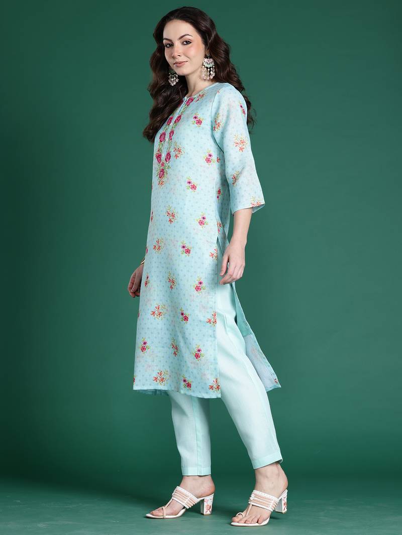 Sea green embroidered linen kurta trouser dupatta set