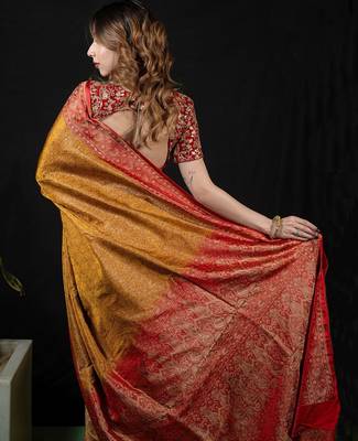 Mustard satin woven saree with blouse 5