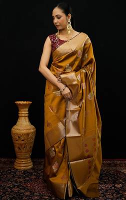 Mustard katan silk woven saree with blouse 1