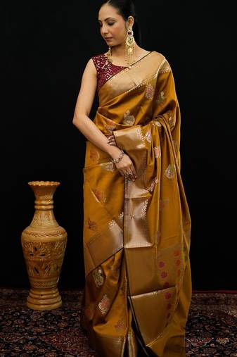 Mustard katan silk woven saree with blouse