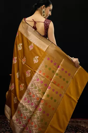 Mustard katan silk woven saree with blouse