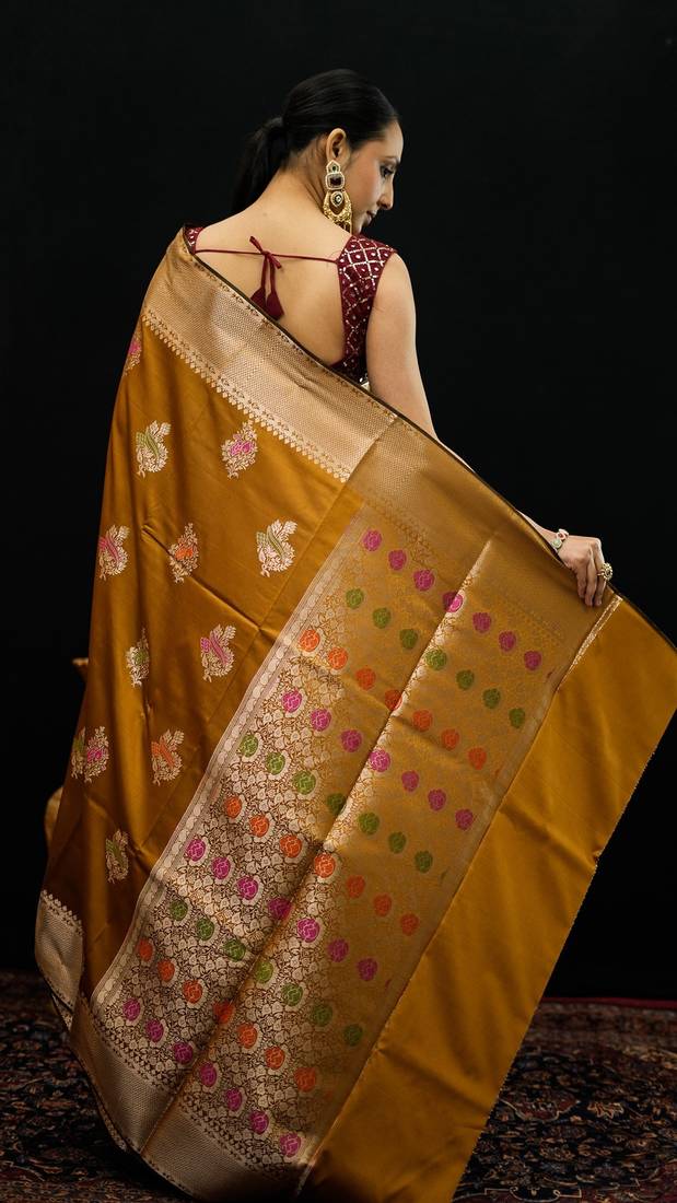 Mustard katan silk woven saree with blouse