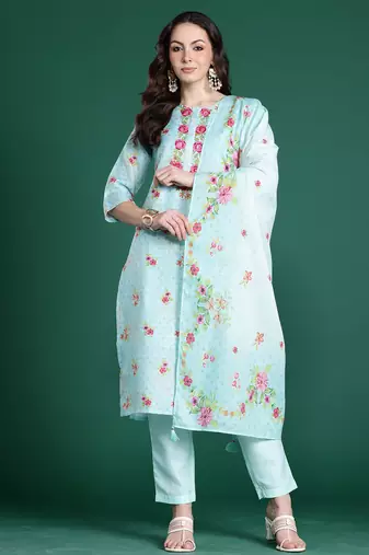 Sea green embroidered linen kurta trouser dupatta set