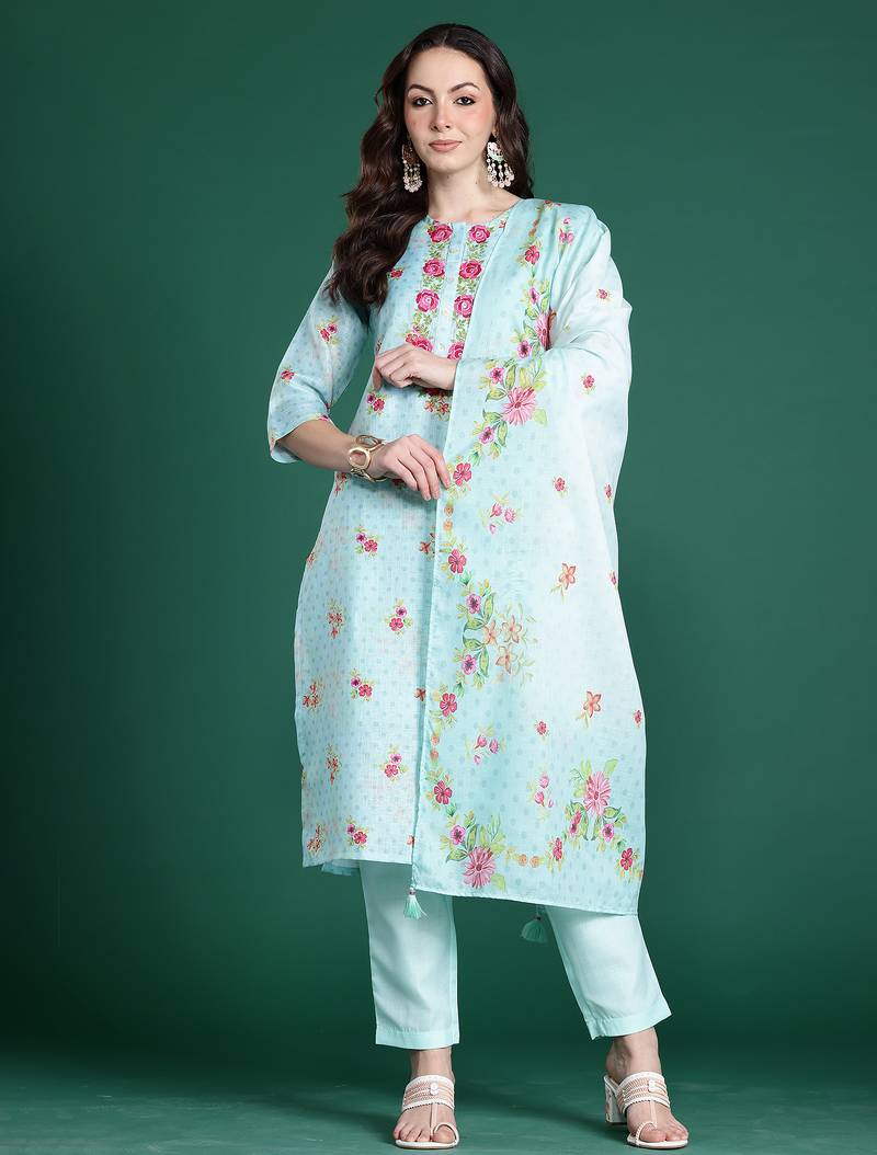 Sea green embroidered linen kurta trouser dupatta set