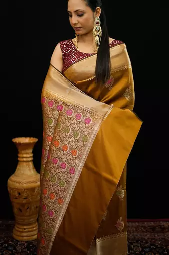 Mustard katan silk woven saree with blouse