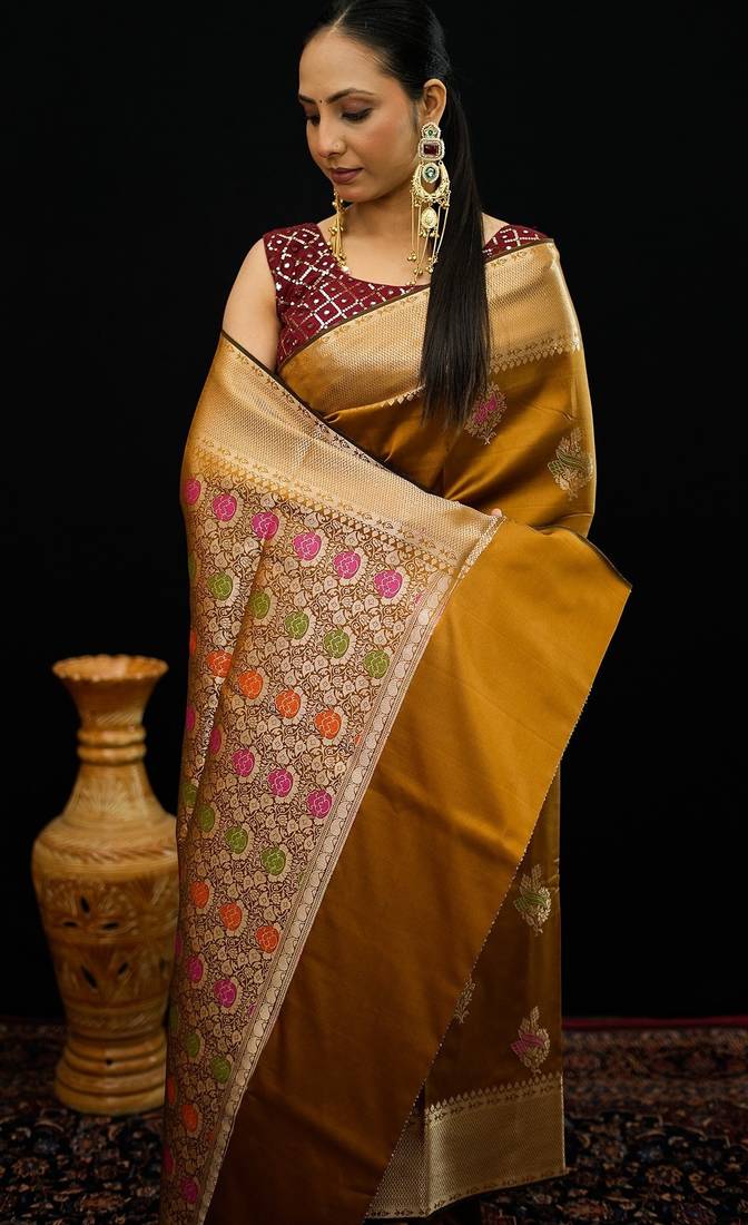Mustard katan silk woven saree with blouse
