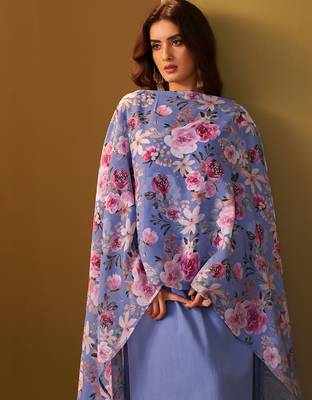 Blue yoke design cotton blend kurta trouser dupatta set 1