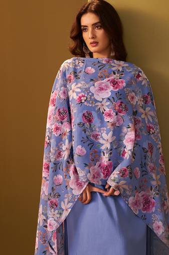 Blue yoke design cotton blend kurta trouser dupatta set