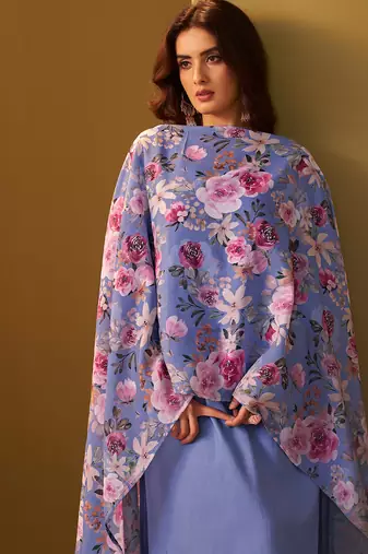 Blue yoke design cotton blend kurta trouser dupatta set