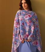 Blue yoke design cotton blend kurta trouser dupatta set