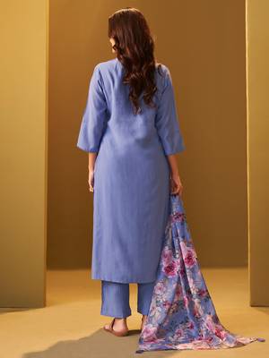 Blue yoke design cotton blend kurta trouser dupatta set 2