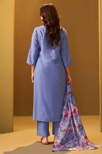 Blue yoke design cotton blend kurta trouser dupatta set