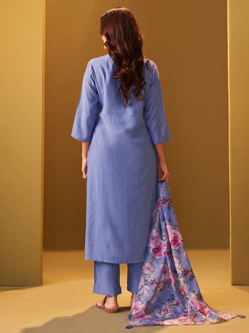 Blue yoke design cotton blend kurta trouser dupatta set