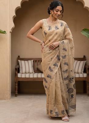 Beige-black tussar woven saree with blouse 1