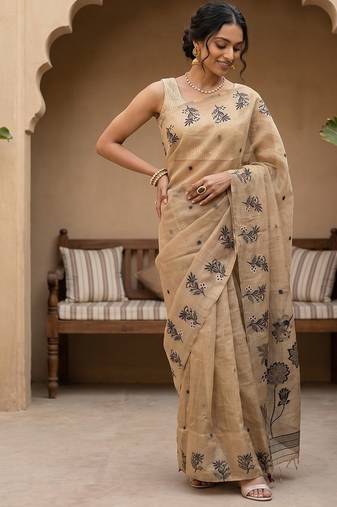 Beige-black tussar woven saree with blouse