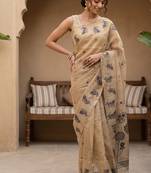 Beige-black tussar woven saree with blouse