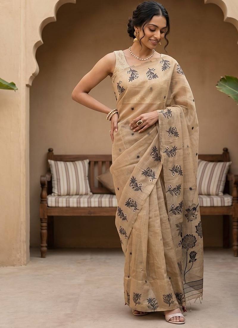 Beige-black tussar woven saree with blouse
