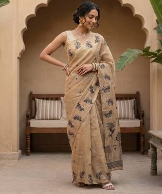 Beige-black tussar woven saree with blouse 3