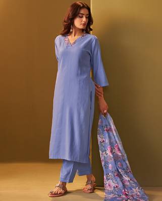 Blue yoke design cotton blend kurta trouser dupatta set 3