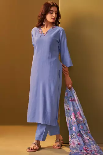 Blue yoke design cotton blend kurta trouser dupatta set