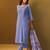 Blue yoke design cotton blend kurta trouser dupatta set