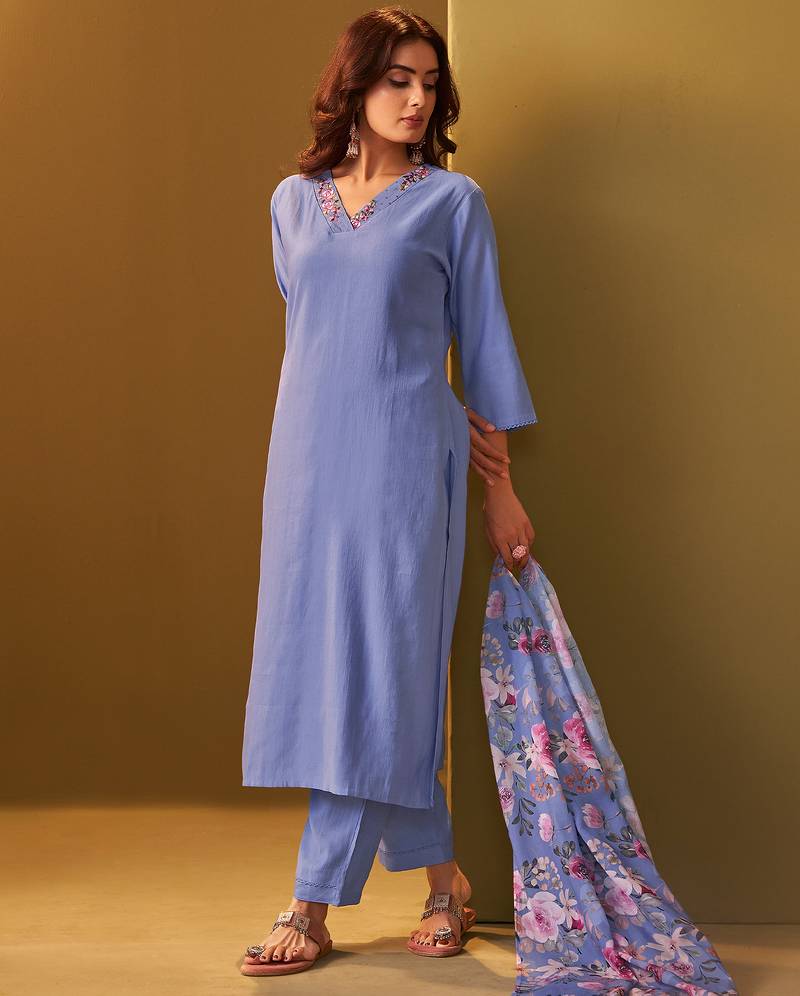 Blue yoke design cotton blend kurta trouser dupatta set