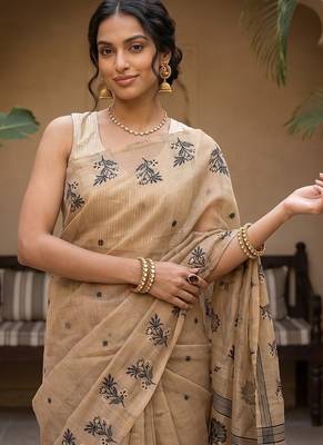 Beige-black tussar woven saree with blouse 4