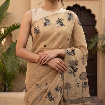 Beige-black tussar woven saree with blouse 5