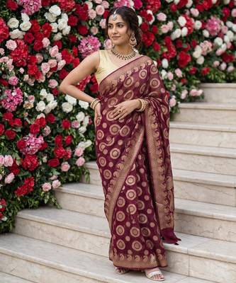 Maroon chiffon woven saree with blouse 1