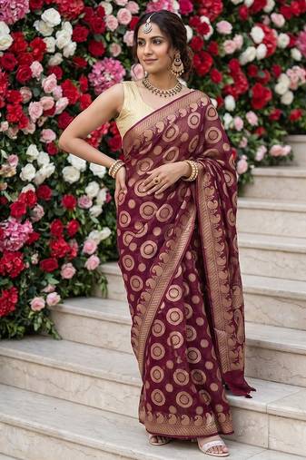 Maroon chiffon woven saree with blouse