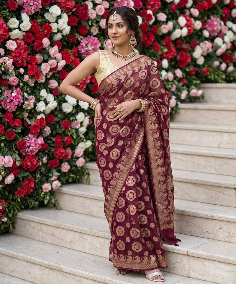 Maroon chiffon woven saree with blouse