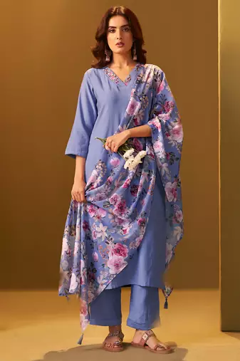 Blue yoke design cotton blend kurta trouser dupatta set