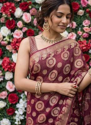 Maroon chiffon woven saree with blouse 2