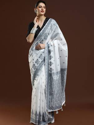 White woven design chanderi sarees with blouse piece 1