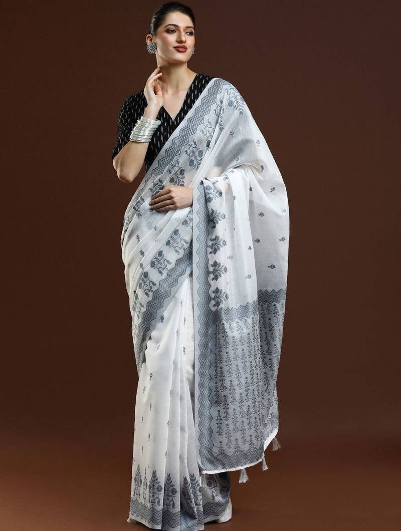 White woven design chanderi sarees with blouse piece