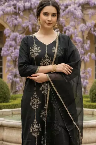 Black embroidered liva kurta trouser dupatta set