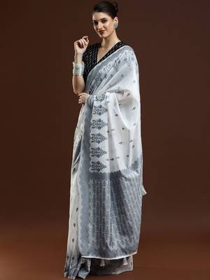 White woven design chanderi sarees with blouse piece 3