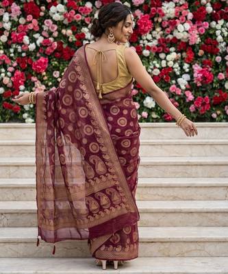 Maroon chiffon woven saree with blouse 4